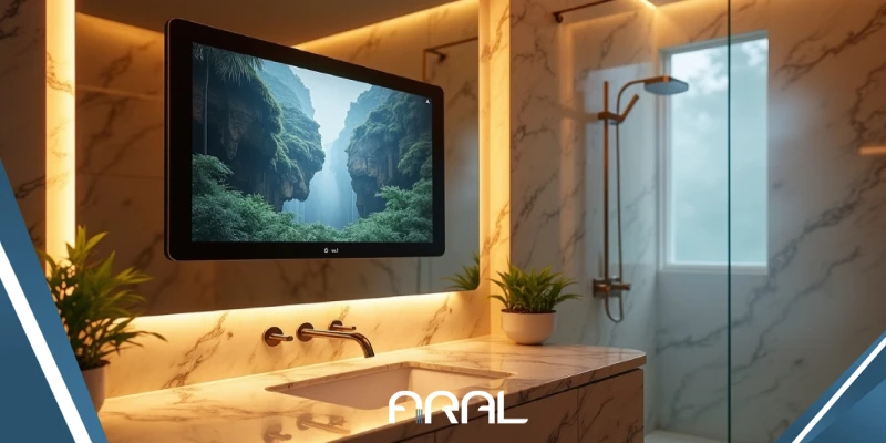 نمای نزدیک از ساختار شیشه نیمه‌شفاف و صفحه‌نمایش LED آینه هوشمند.